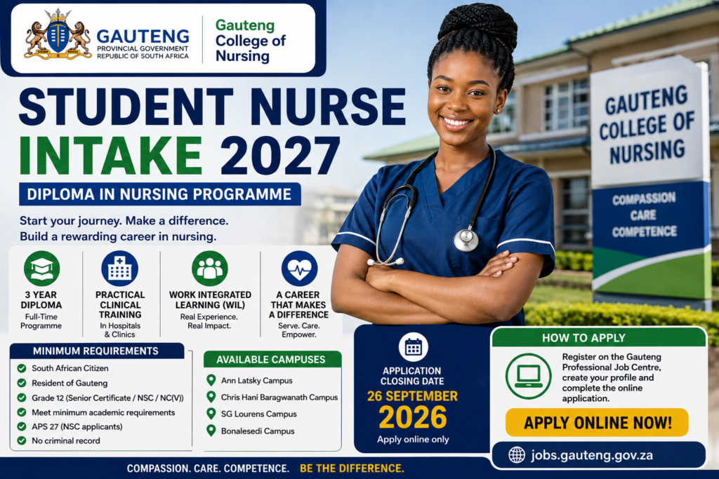 Gauteng College of Nursing Student Nurse Intake 2027